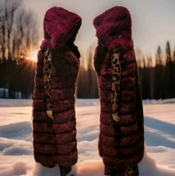 SOLD NWT Luxurious Burgandy Faux Fur Long Hooded Vest Sz M - Picture 4 of 16